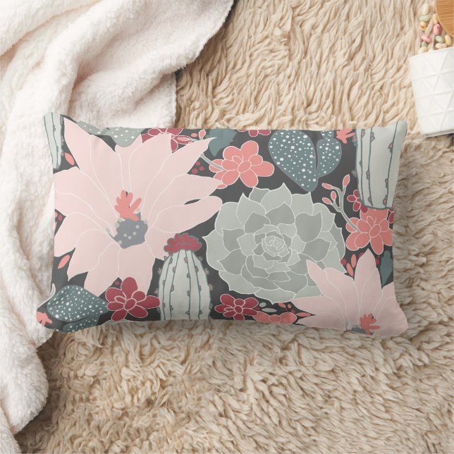 Cactus And Succulent Plants In Pinks Green Pattern Lumbar Cushion (Blanket)