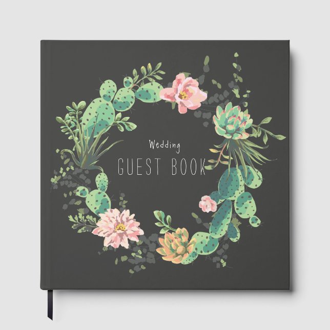 Cactus and Succulent Rustic Boho Wedding Guest Book (Front)