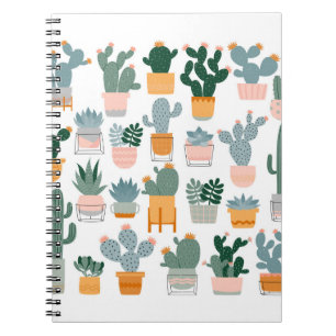Cactus and succulents in pots on white background. notebook