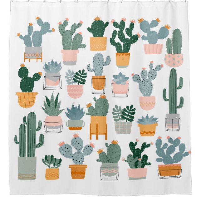 Cactus and succulents in pots on white background. shower curtain (Front)