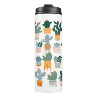 Cactus and succulents in pots on white background. thermal tumbler