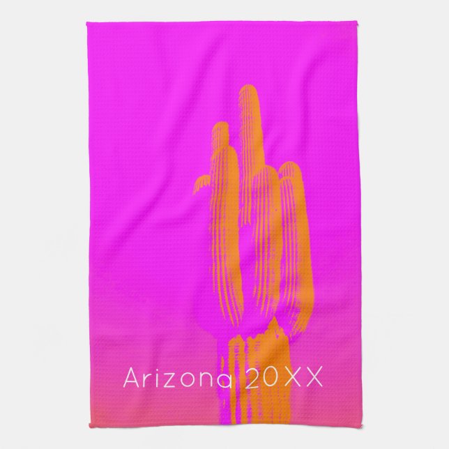 Cactus Art Arizona Year Hot Pink Orange Modern  Tea Towel (Vertical)