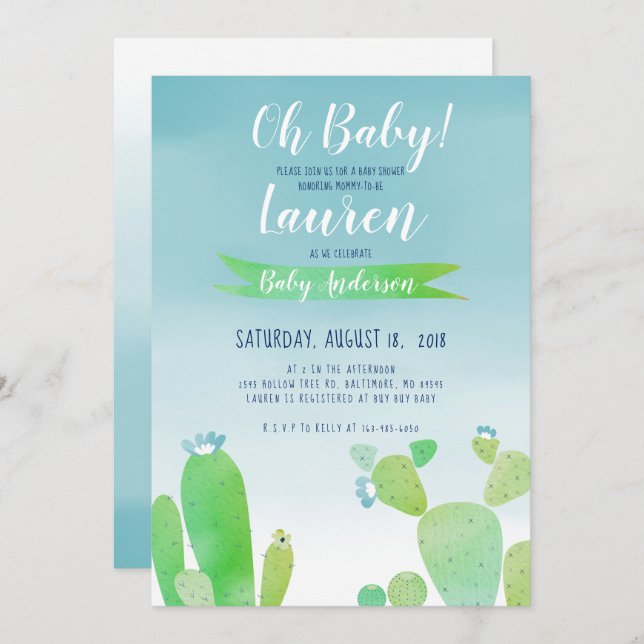 Cactus Baby Shower Water Colour Boy - Boho Blue 5X Invitation (Front/Back)