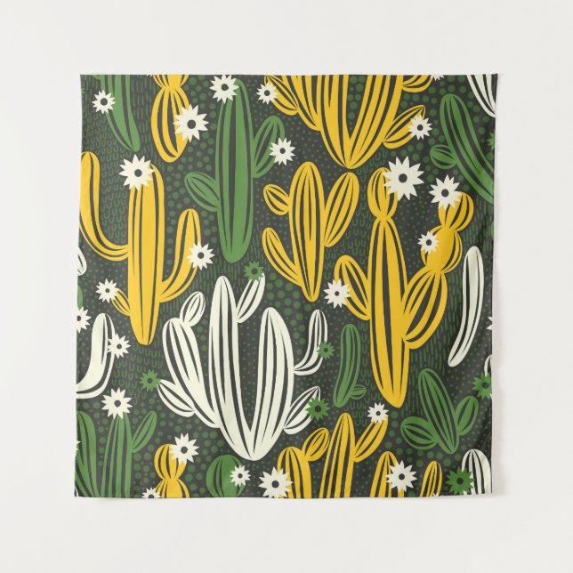 Cactus Black Background Vintage Pattern Tapestry (Front)