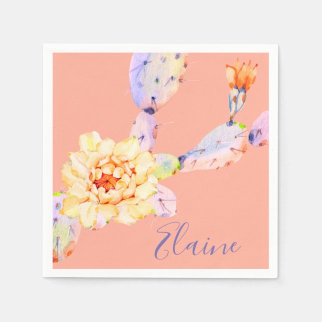 Cactus bloom desert flower watercolor peach purple napkin (Front)