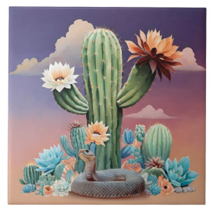 Cactus Blossoms Rattlesnake Desert Art Ceramic Tile