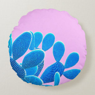 Cactus blue coloured on pink background. Fashion, Round Cushion