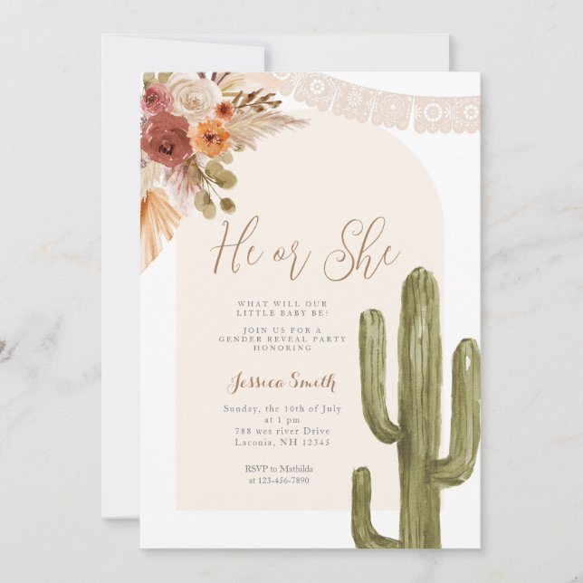 Cactus Bohemian Floral He or She Gender Reveal  Invitation (Front)