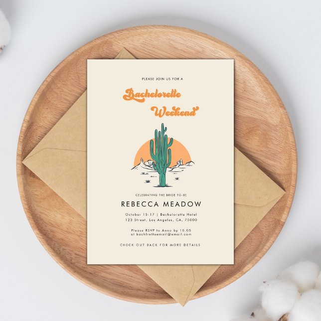 Cactus Boho Desert Retro 70s Bachelorette Weekend  Invitation (Creator Uploaded)