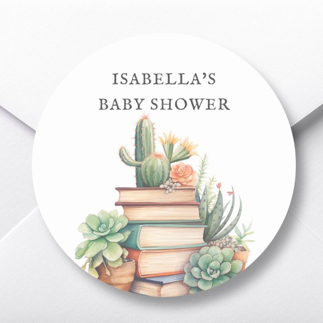 Cactus Book Themed Baby Shower Favour Classic Round Sticker (Creator Uploaded)