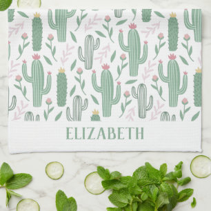 Cactus botanical pattern personalised tea towel