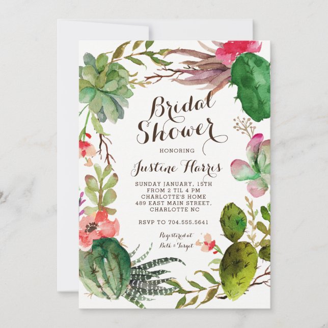 cactus, Bridal Shower Invitation succulents, (Front)