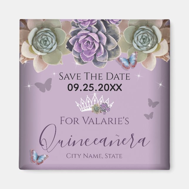 Cactus Butterfly Elegant Quinceanera Save the Date Magnet (Front)