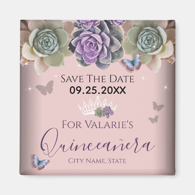 Cactus Butterfly Elegant Quinceanera Save the Date Magnet (Front)