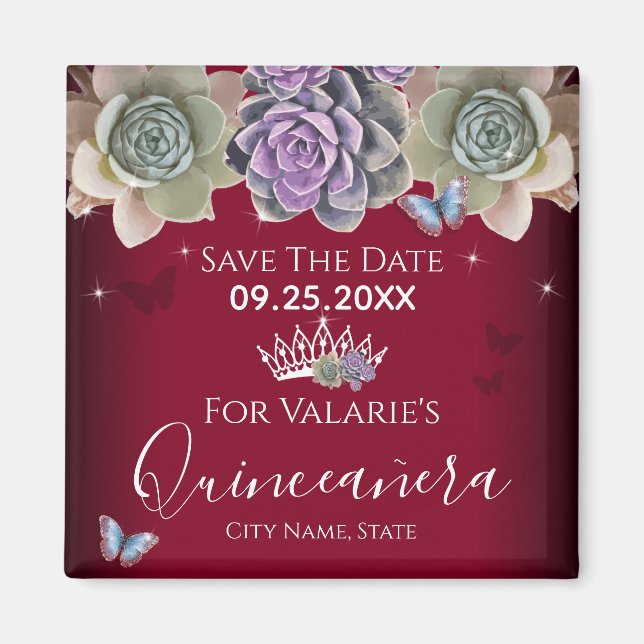 Cactus Butterfly Elegant Quinceanera Save the Date Magnet (Front)