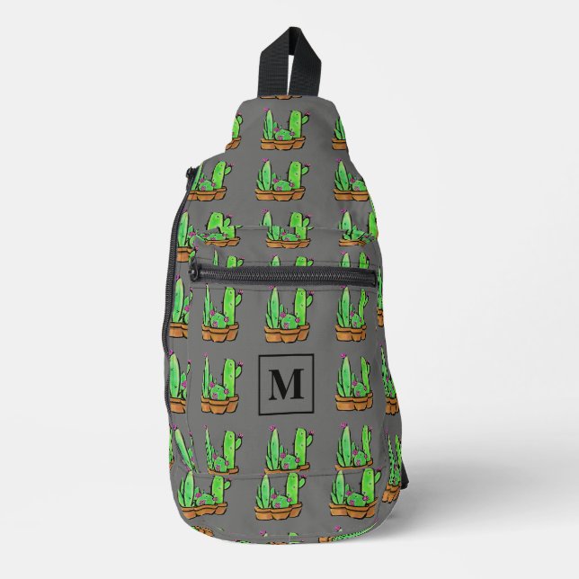  Cactus cacti succulents pattern grey monogram Sling Bag (Front)