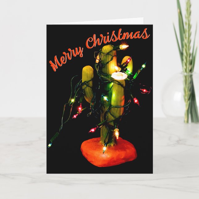 Cactus Candle Wrapped in Christmas Lights Card (Front)