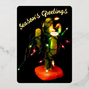 Cactus Candle Wrapped in Christmas Lights Foil Holiday Card