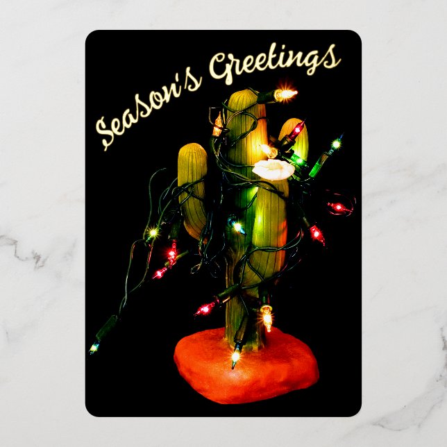 Cactus Candle Wrapped in Christmas Lights Foil Holiday Card (Front)