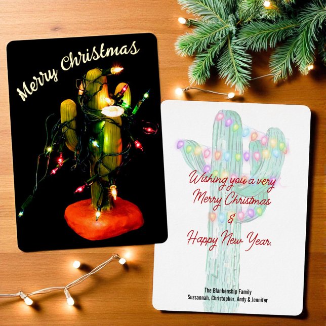 Cactus Candle Wrapped in Christmas Lights Foil Holiday Card (Front and back Christmas flat card. Template back)