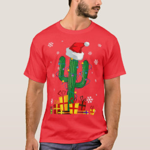 Cactus Christmas Lights Santa Hat Funny Xmas Pajam T-Shirt
