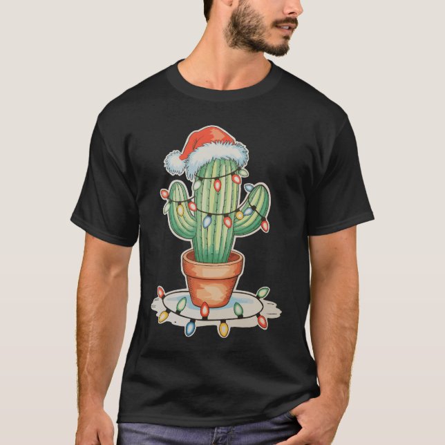 Cactus Christmas Lights Xmas Funny Holiday Family T-Shirt (Front)