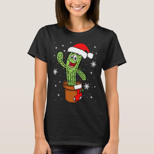 Cactus Christmas Shirt, Lights Wearing Santa Hat T-Shirt (Front)