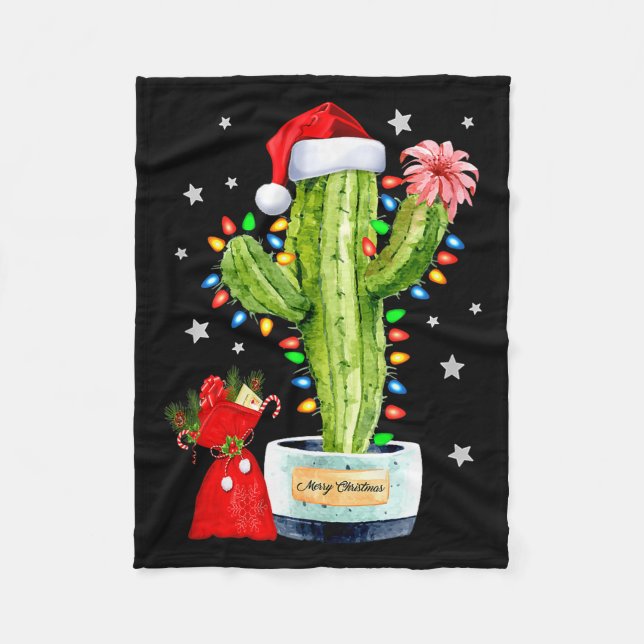 Cactus Christmas Sweater Lights Santa Xmas Plant L Fleece Blanket (Front)