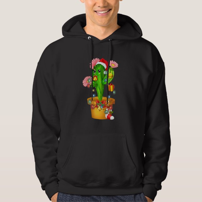 Cactus Christmas Tree Lights Santa Hat Succulent P Hoodie (Front)