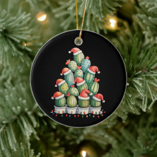 Cactus Christmas Tree Xmas Lights Succulent Santa Ceramic Ornament