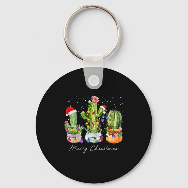 Cactus Christmas Xmas Trees Lights Santa Hat Cactu Key Ring (Front)