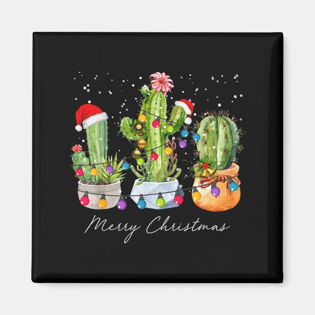 Cactus Christmas Xmas Trees Lights Santa Hat Cactu Magnet (Front)