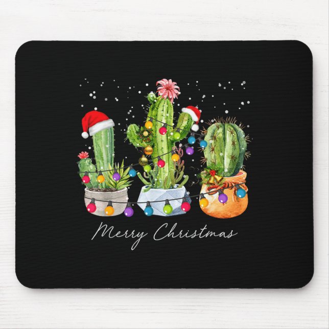 Cactus Christmas Xmas Trees Lights Santa Hat Cactu Mouse Pad (Front)