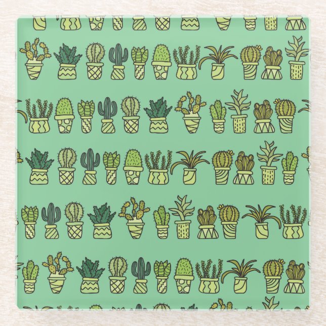 Cactus Collection: Hand-Drawn Doodle Set. Glass Coaster (Front)
