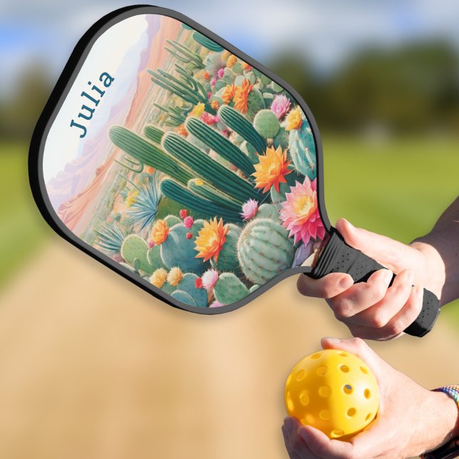 Cactus Desert Flowers Personalised Pickleball Paddle (A personalized pickleball paddle with illustration of flowering cacti in a desert landscape)