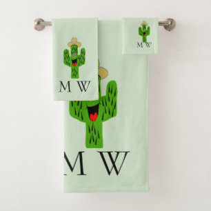 Cactus Design Monogrammed Any Colour Background Bath Towel Set