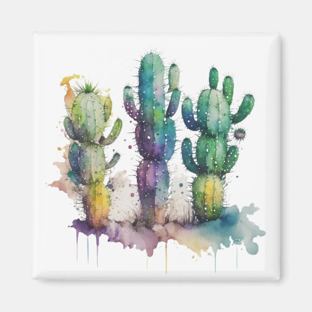 Cactus design with colourful splatters magnet (Front)