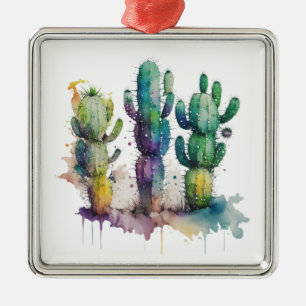 Cactus design with colourful splatters metal ornament
