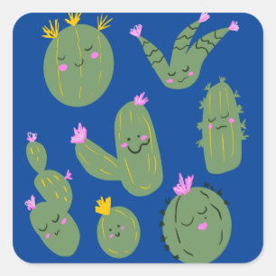 Cactus Doodle Cartoon Funny Blue Square Sticker