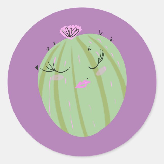 Cactus Doodle Cartoon Funny Purple Classic Round Sticker (Front)