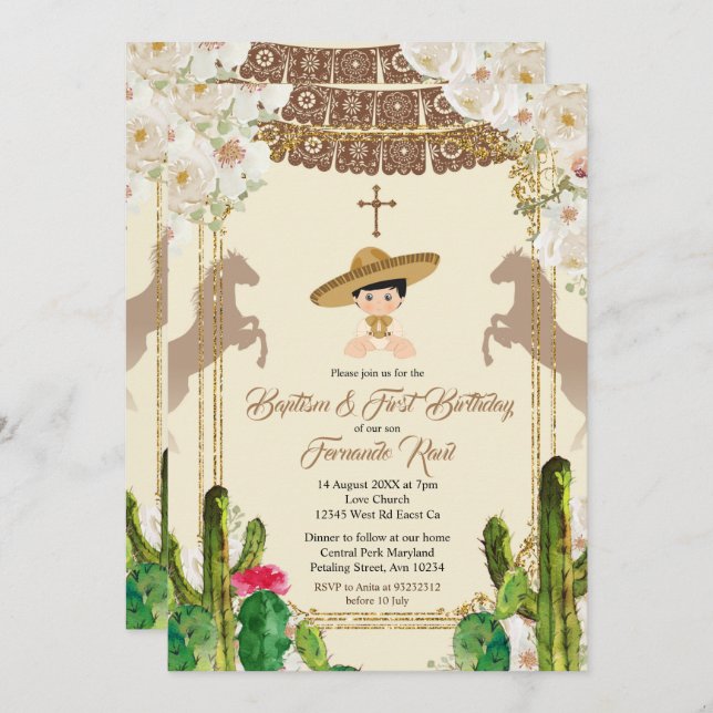 Cactus Fiesta Boy Baptism and Birthday Invitation (Front/Back)