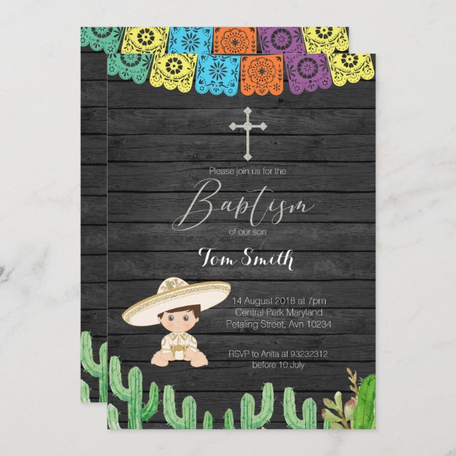 Cactus Fiesta Boy Baptism Christening Invitation (Front/Back)