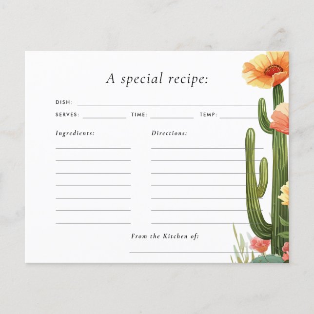 Cactus Fiesta Floral Bridal Shower Recipe Card (Front)