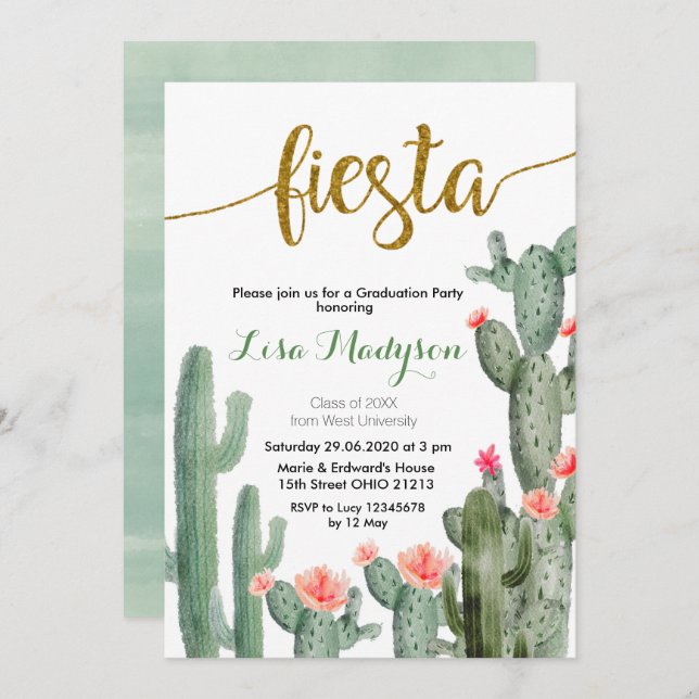 Cactus Fiesta Graduation Invitation Party Mexican (Front/Back)