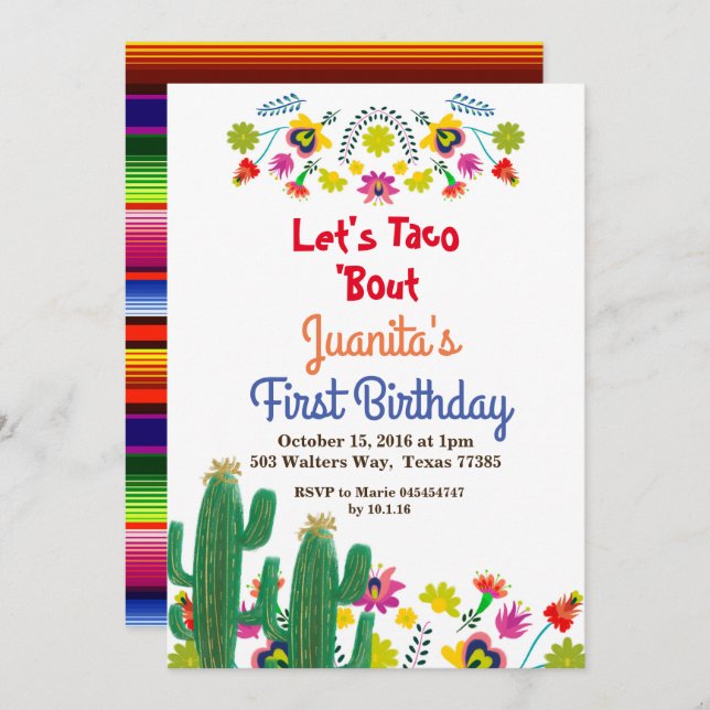 Cactus Fiesta Mexican 1st Birthday Party Invitation (Front/Back)