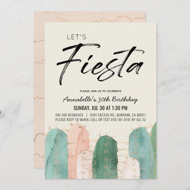 Cactus Fiesta Pink Adult Birthday Invitation (Front/Back)