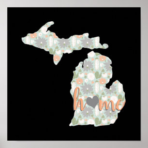 Cactus Filled Michigan Silhouette With Home Poster