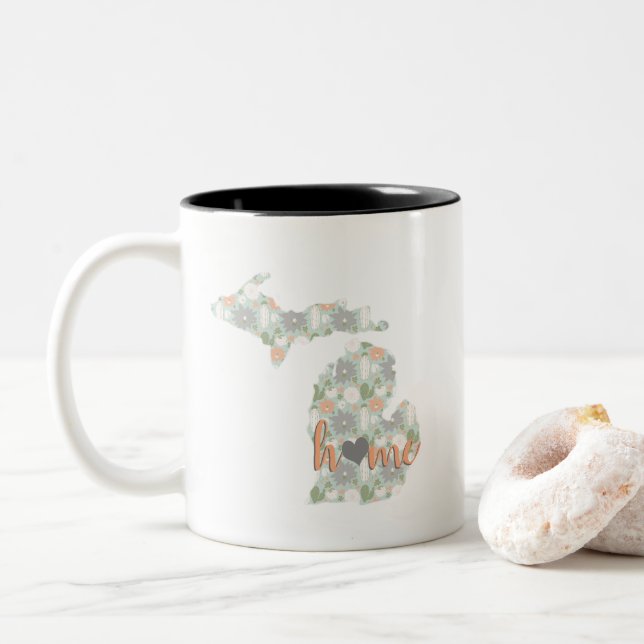 Cactus Filled Michigan Silhouette With Home Two-Tone Coffee Mug (With Donut)