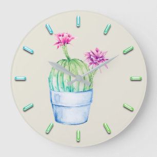 Cactus Floral Pink Aqua Watercolor Mint IVORY Large Clock