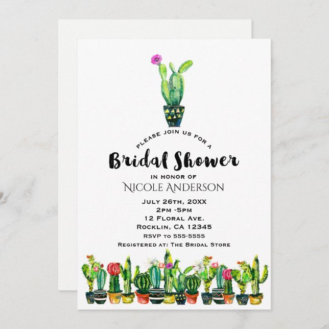 Cactus Floral Rustic Southwestern Bridal Shower Invitation (Front/Back)